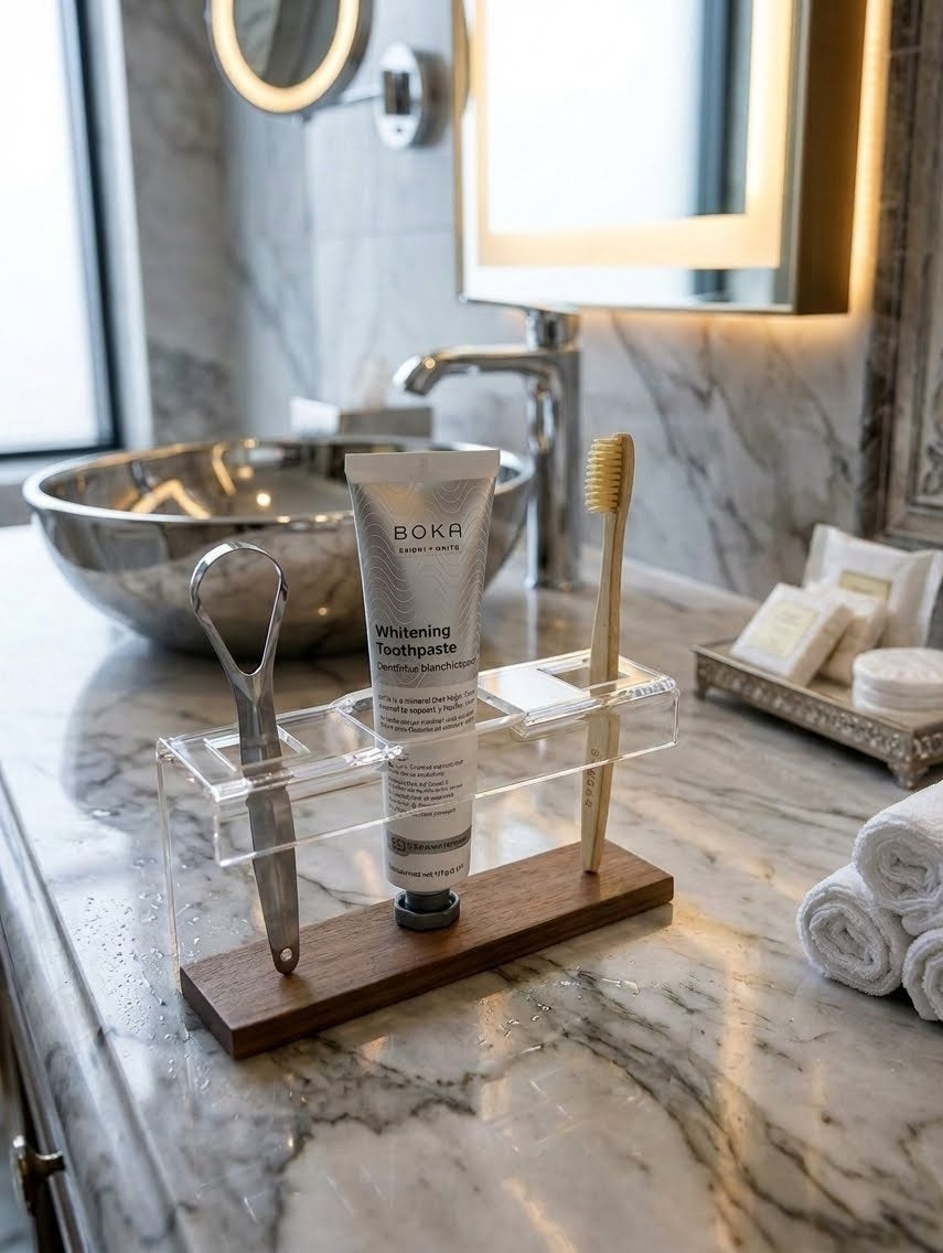 Teak Wood Toothbrush Stand / Bathroom Caddy From Clear Cast Acrylic