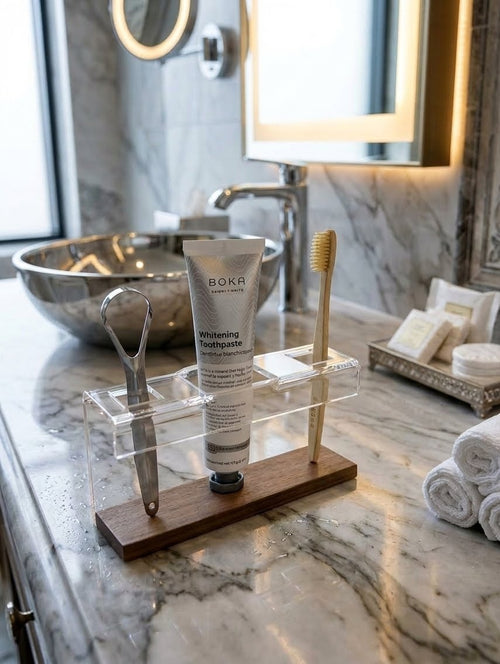Teak Wood Toothbrush Stand / Bathroom Caddy From Clear Cast Acrylic